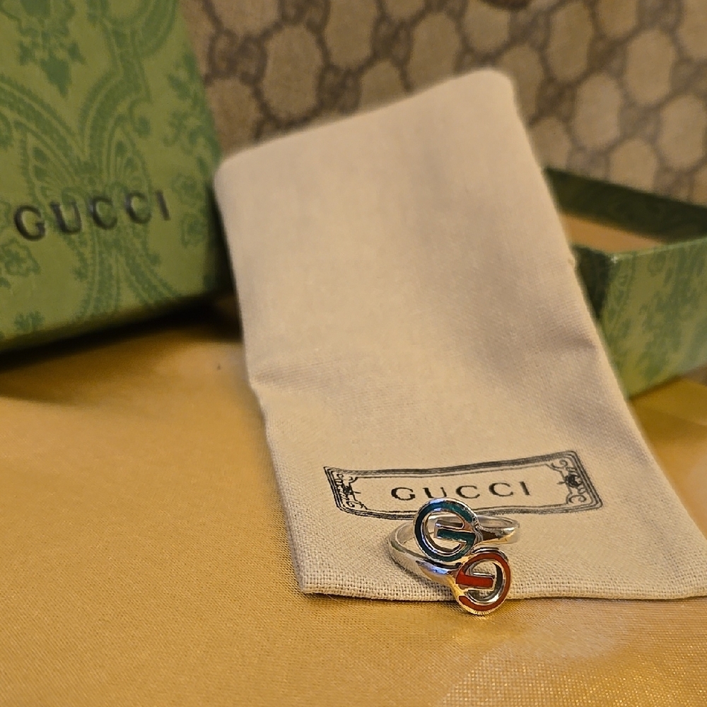 Gucci Silver Interlocking G Ring with Enamel Red and Green Accents.  Size 5